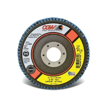 CGW® 41724 Contaminant-Free Economy Regular Coated Abrasive Flap Disc, 4-1/2 in Dia, 7/8 in Center Hole, 60 Grit, Medium Grade, Zirconia Alumina Abrasive, Type 29 Conical Disc
