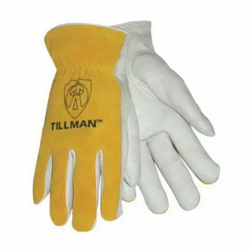 Tillman™ 1414S 1414 Standard Grade General Purpose Gloves, Driver, Keystone Thumb Style, Cotton/Split Cowhide Leather, Bourbon/Brown/Pearl, Slip-On Cuff, Unlined Lining