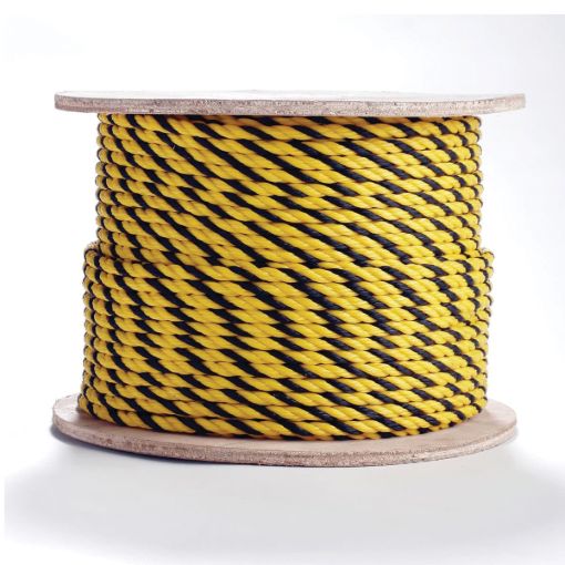 Picture of Erin Rope TWPYYB081200 3-Strand Premium Twisted Barrier Rope, 1/4 in Dia x 1200 ft L, Yellow/Black, Polypropylene, 113 lb Load