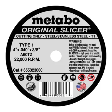 metabo® 655323000 Original Slicer Type 1 Straight Cut-Off Wheel, 4 in Dia x 0.04 in THK, 3/8 in Center Hole, 60 Grit, Aluminum Oxide Abrasive
