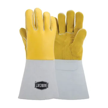 Ironcat® 9060/M Welding Gloves, M, Premium Grain Top Grain Elkskin Leather/Kevlar® Thread, Yellow, Cotton/Foam Lining, Gauntlet Cuff, 14 in L