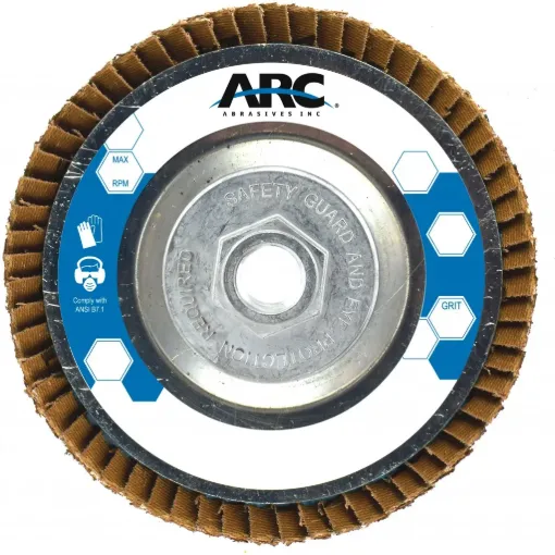ARC™ 10835 SZA Flap discs Aluminum Flap Discs, 5 in Dia Disc, 5/8"-11 in Center Hole, 60 Grit, Zirconia Alumina Abrasive, Type 29/Angle Face Disc