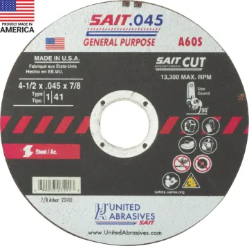 United Abrasives-SAIT 23101 Thin High Speed Cut-Off Wheel, 4-1/2 in Dia x 0.045 in THK, 7/8 in Center Hole, A60S Grit, Aluminum Oxide Abrasive